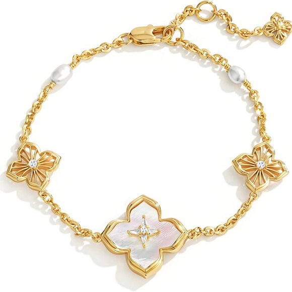 Dainty Pearl Clover Bracelet 14K Gold Plated - Versatile Double Sided Design - Picture 1 of 6